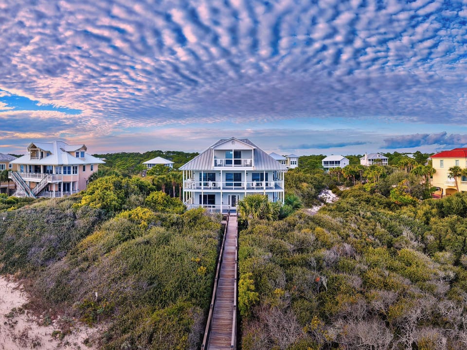 Coastal home nestled in natural foliage with private boardwalk access.