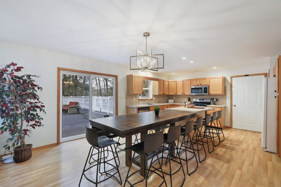 The large dining table has 12 seats with room for the whole group to share meals