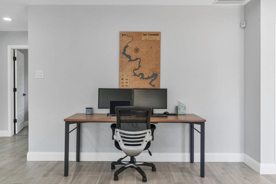 Home Office | Minimalist Workspace with Dual Monitors & Lake Map Art