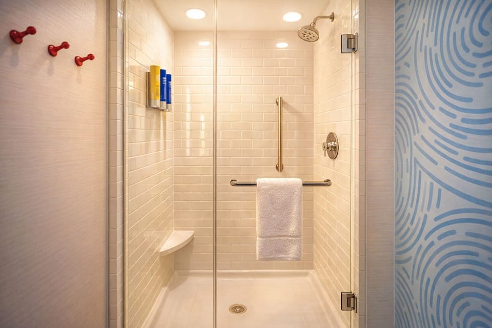 Rinse off in a clean, glass-door shower with strong pressure.