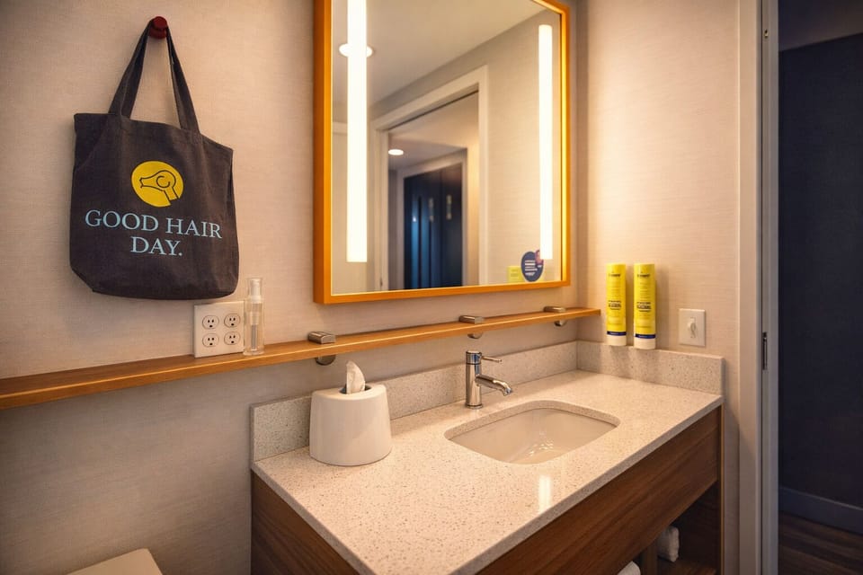 Refresh at the bright vanity with ample counter space.