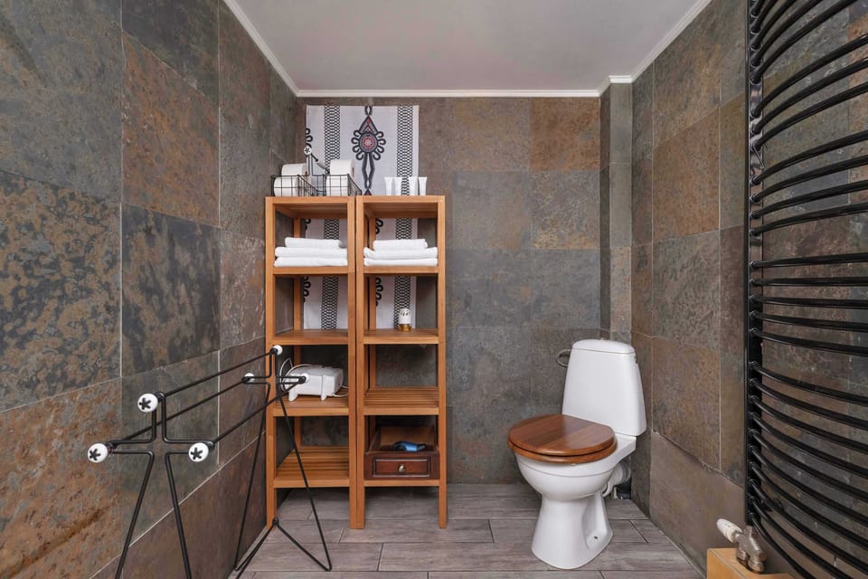 A compact bathroom with a toilet and a wooden shelf above. The dark tiles give it a classic, elegant look.
