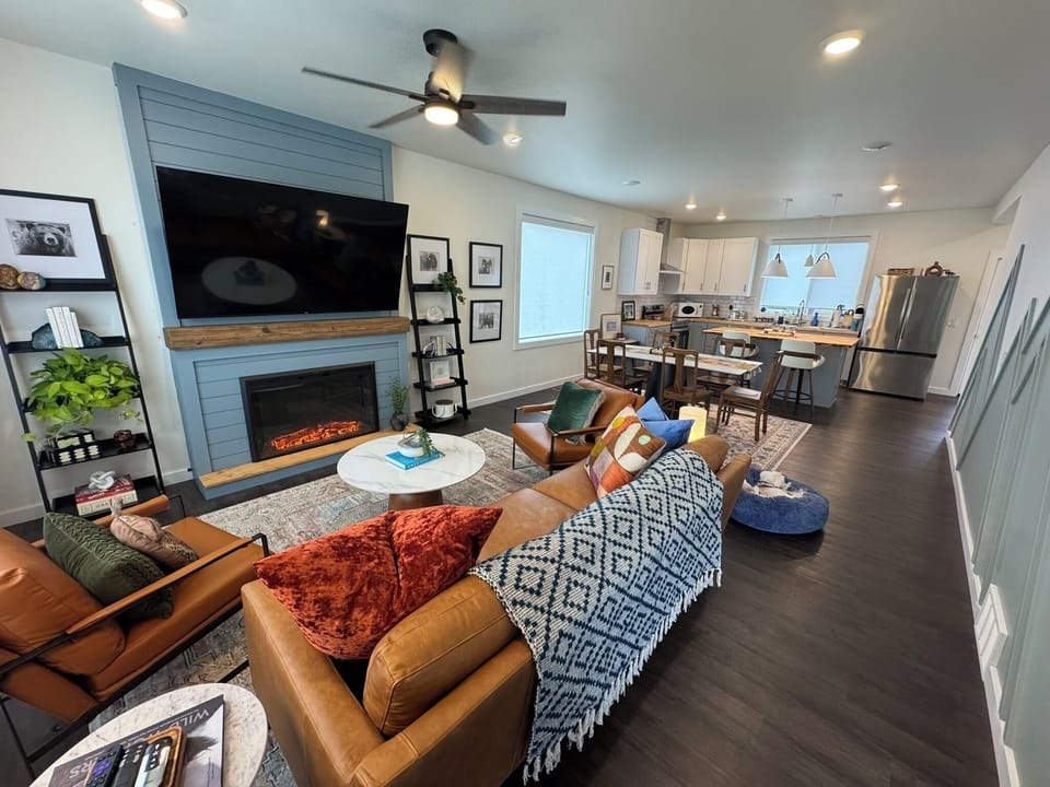 Main area view - living room, dining area, kitchen.