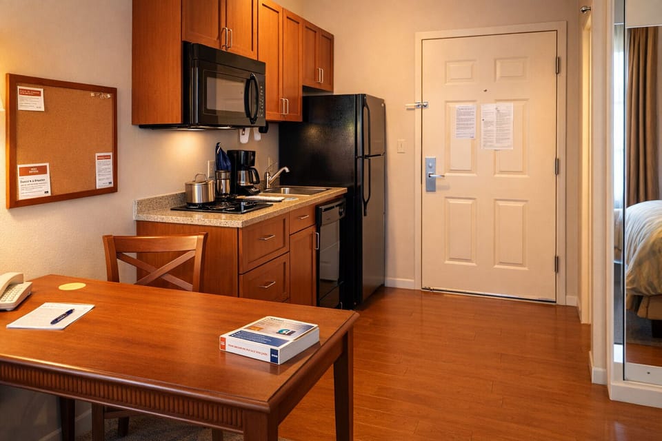 Arrive to a practical kitchenette setup made for longer stays.