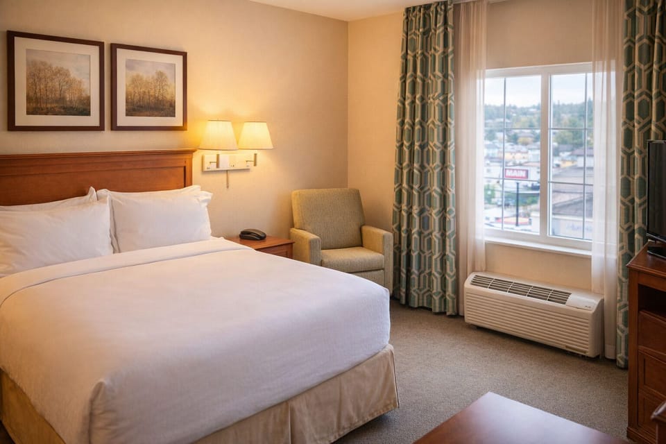 Unwind in a sunlit bedroom with crisp, hotel-style linens.