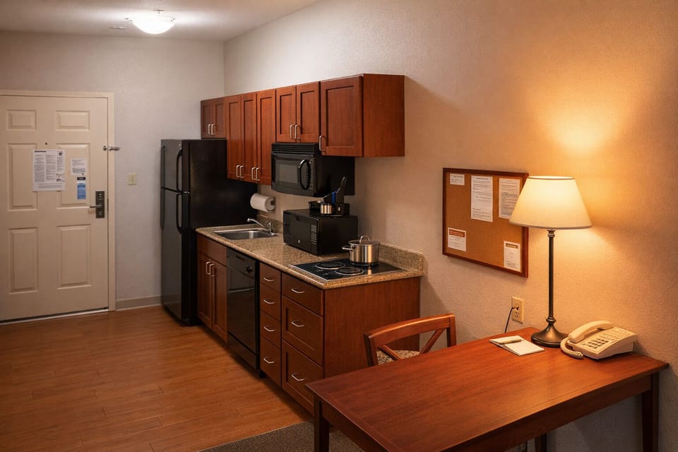 Work and dine comfortably beside a well-equipped kitchenette space.