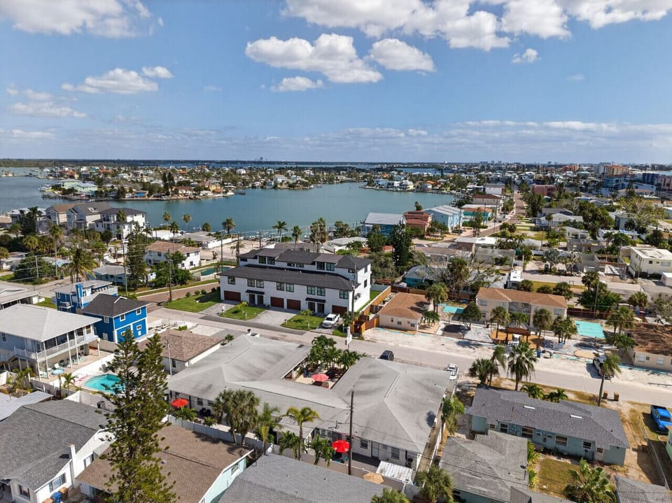 Scenic overhead look at nearby canals weaving through the neighborhood