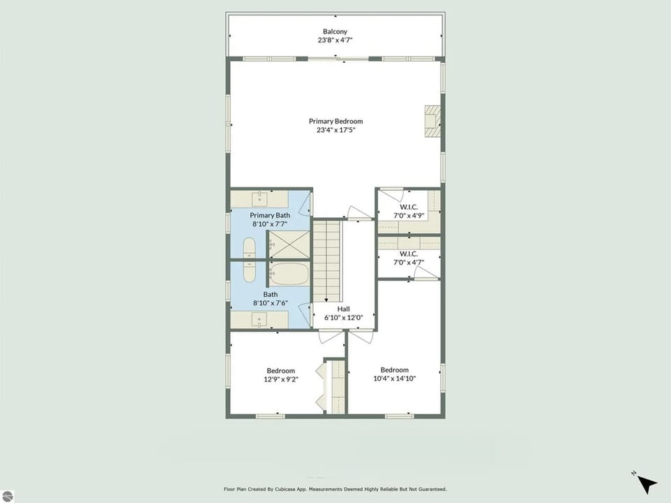 UPPER LEVEL:  Map of the upper level of the home.  Note that it shows the primary bedroom that has its own private balcony (with lakeview) and its own private ensuite bathroom.  There are also 2 other bedrooms and a common bathroom on the level.