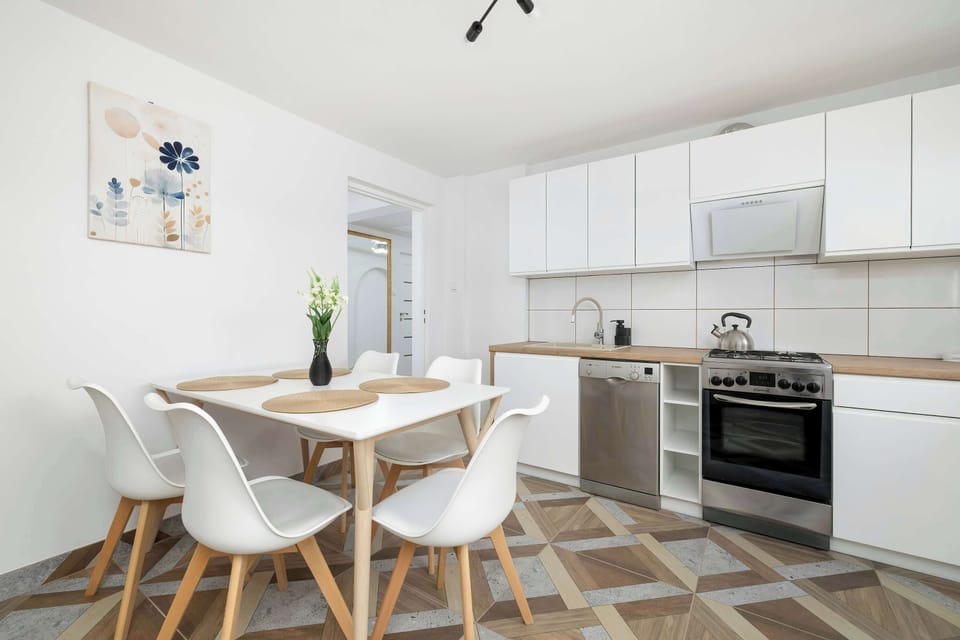 The kitchen's modern appliances make meal preparation easy.