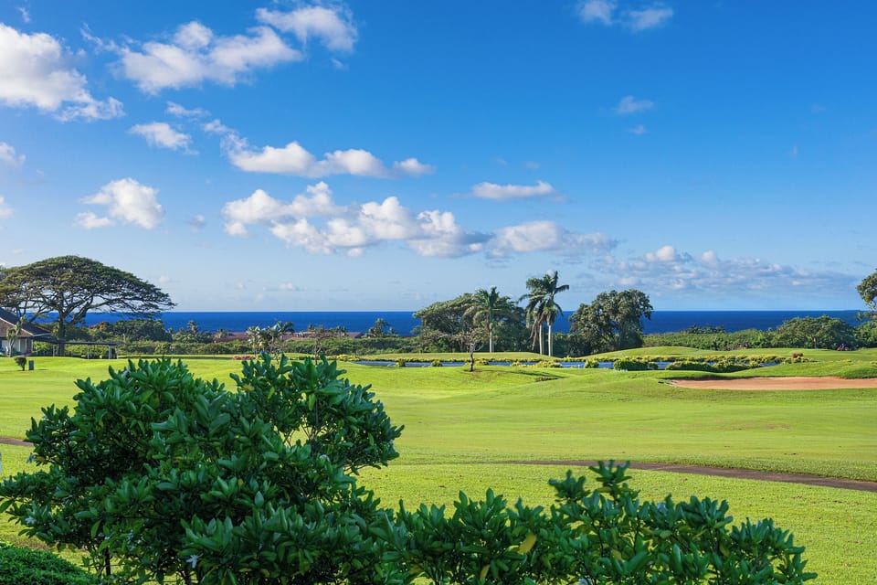 Breathtaking views of the golf course and the Pacific Ocean from the grounds of Pili Mai.
