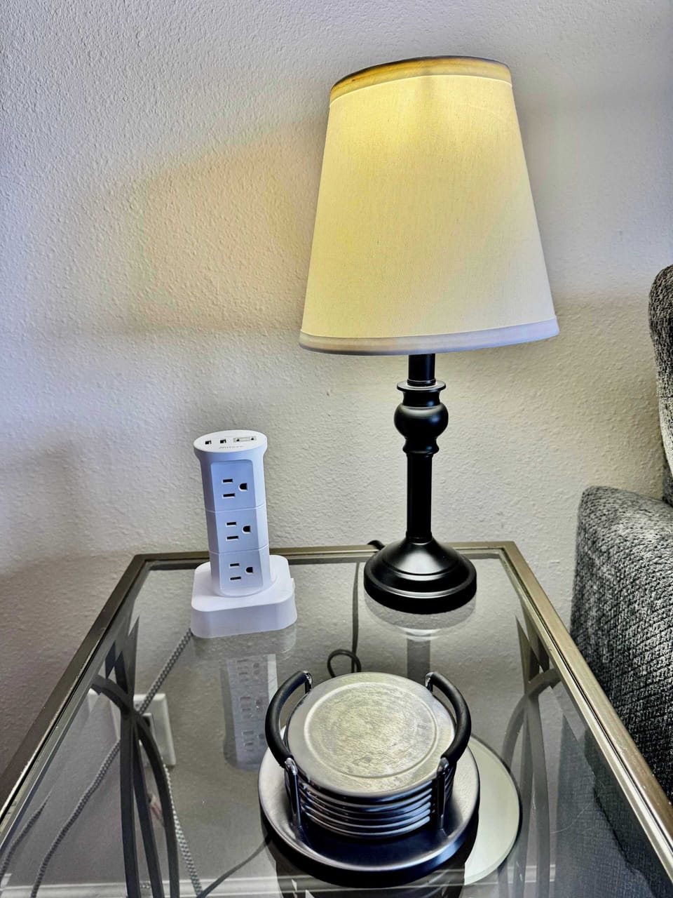 We have a charging station by the couch