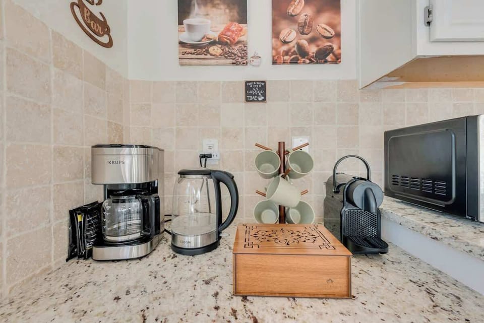 For coffee lovers, we offer an espresso machine, kettle/filter coffee maker plus a starter kit with coffee, tea, and sweeteners.