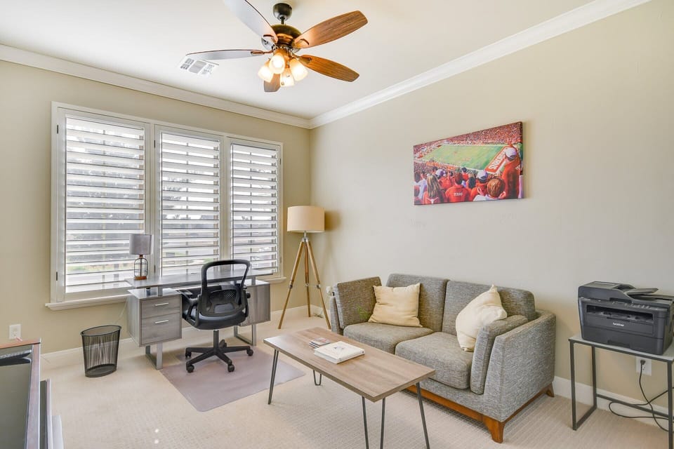 Cozy workspace with plush seating and bright windows.