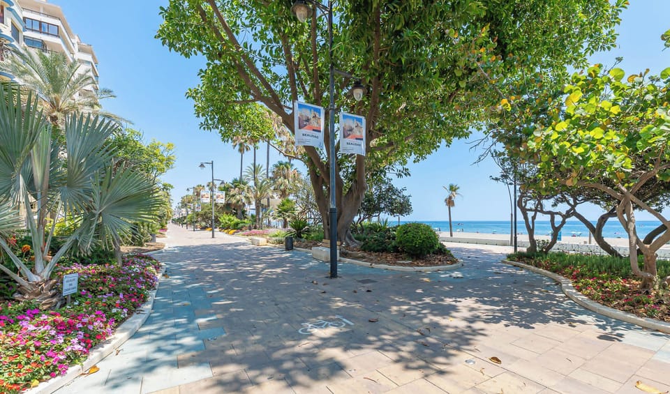 Tree-lined promenade with mature palm trees and landscaped gardens. Paved walkway leads toward beachfront area visible in background. Residential buildings and outdoor dining areas create a Mediterranean atmosphere.