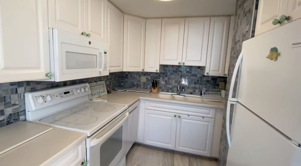 Stove, oven, microwave, dish washer, sink, fridge, freezer, and essentials