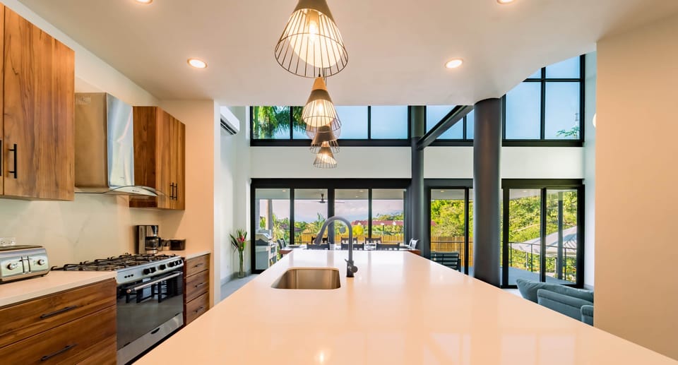 Light-filled kitchen with high ceilings and seamless indoor-outdoor flow.