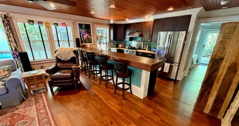 Bar-top seating in the customized kitchen.