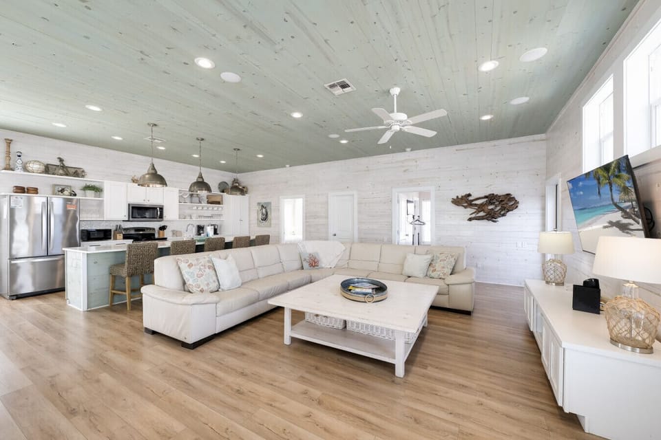 A comfy coastal lounge perfect for movie nights and slow mornings