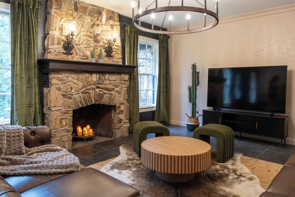 Gather around the fire,  where cozy conversations and family stories meet vintage charm.