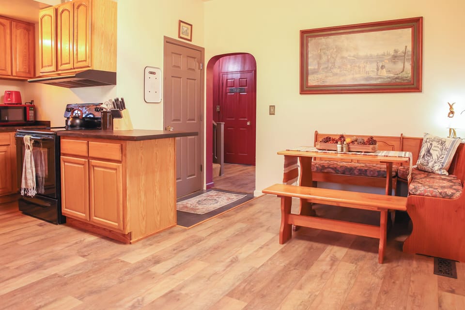 A corner nook in the kitchen is perfect for enjoying meals or games together