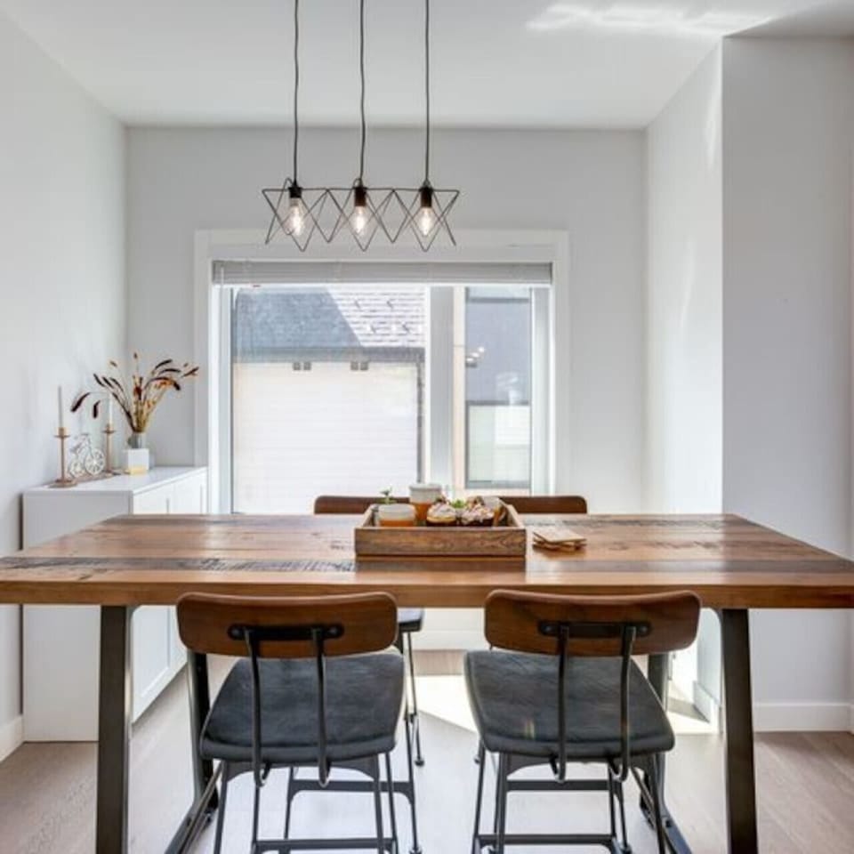 Enjoy a meal at this rustic dining table.
