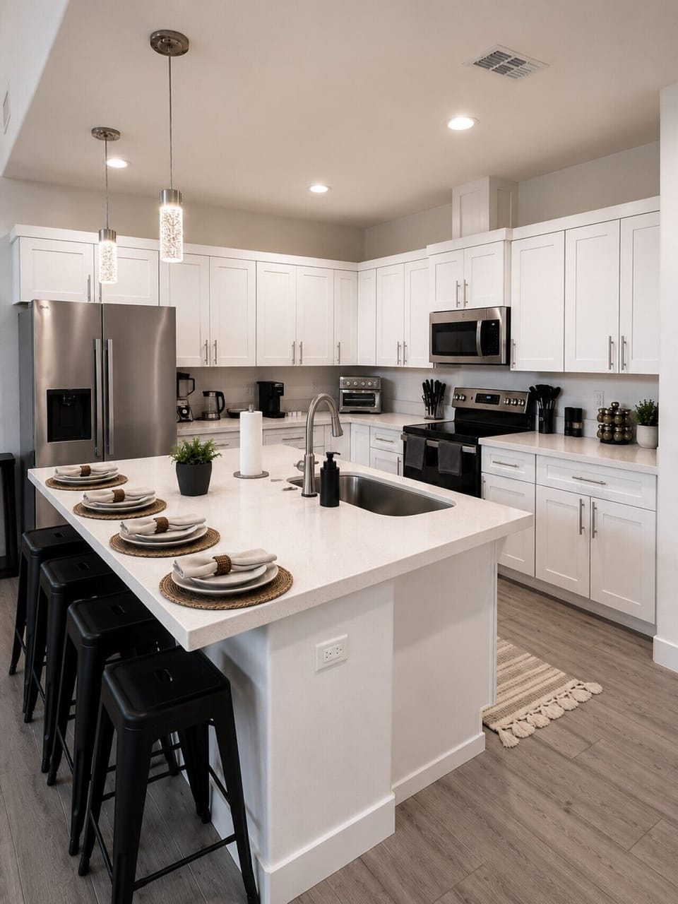 Modern, fully equipped kitchen with stainless steel appliances, including a refrigerator with filtered water and ice. Stocked with pots, pans, silverware, dishes, and all the essentials — perfect for cooking meals at home during your stay.