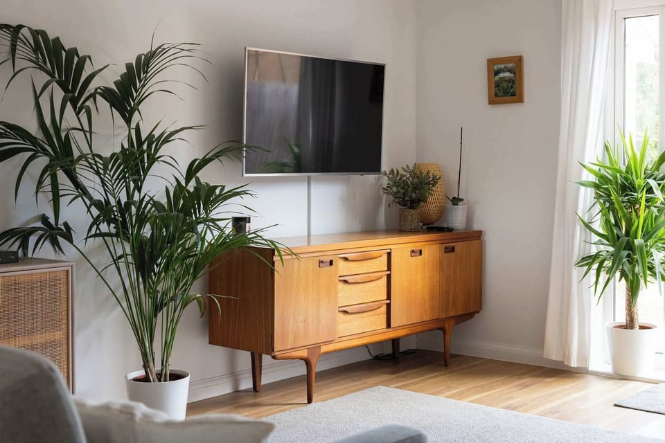 Living area with 50" Smart TV and doors to the sunny garden.