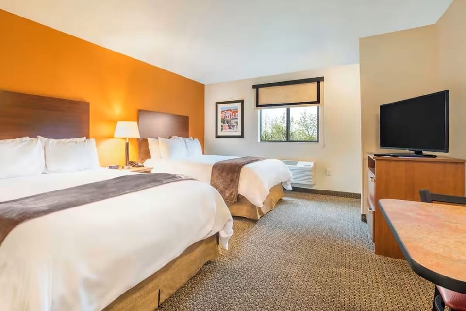 2 Queen bed with televesion, night table and lamp, with window view