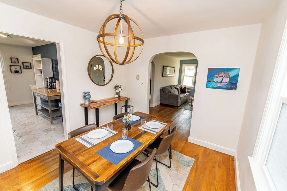 Dedicated dining room with solid wood table