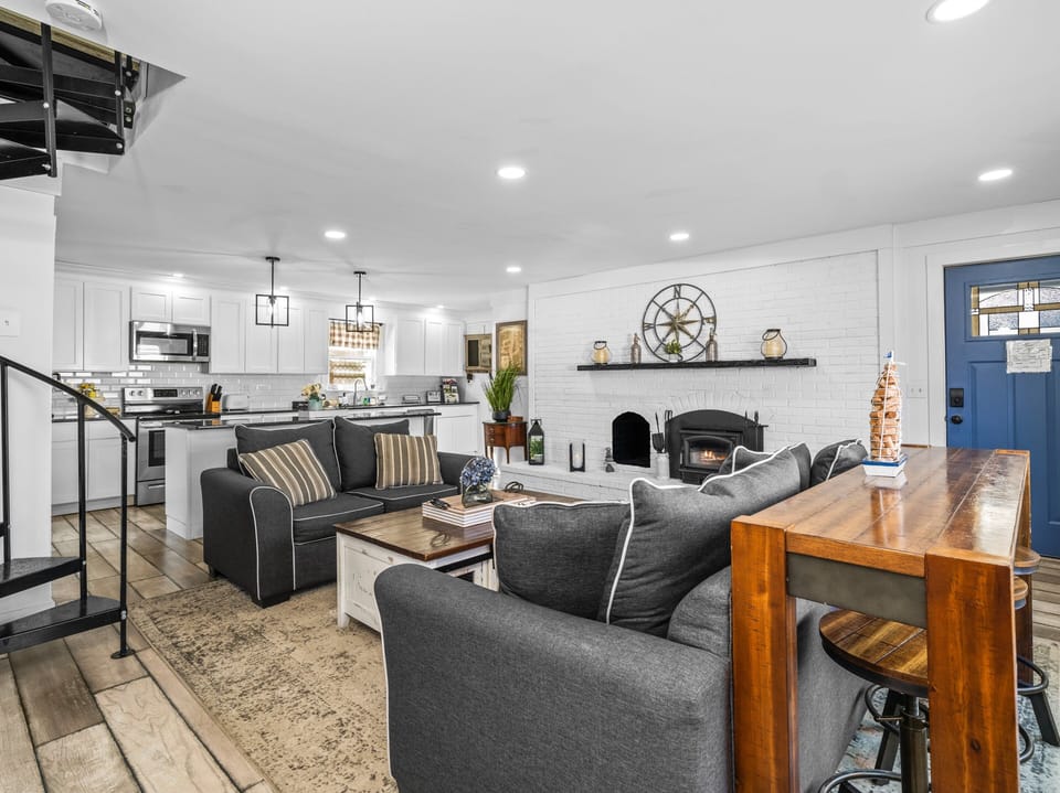 Bright open living room with cozy seating