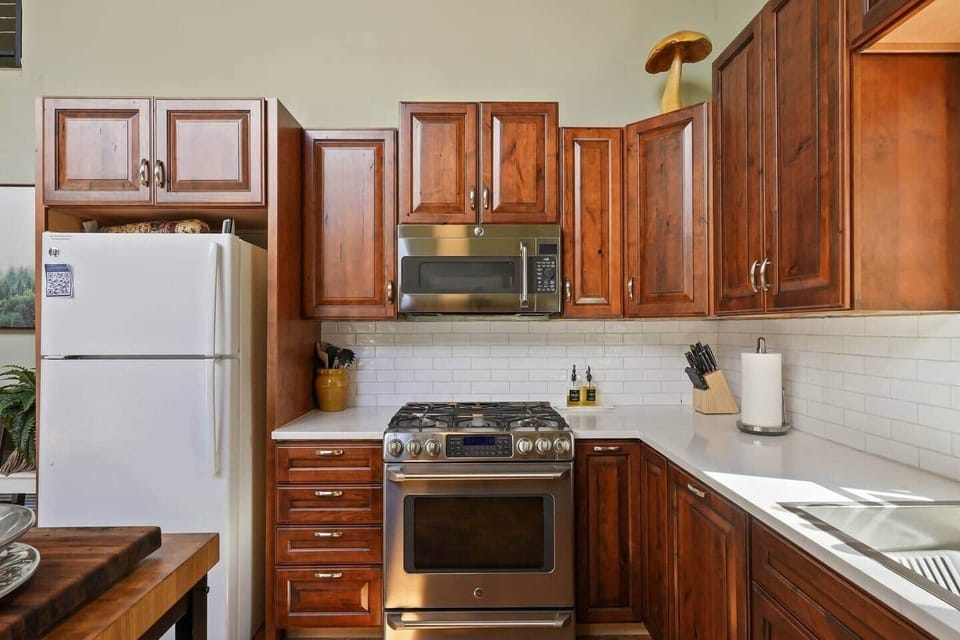 Spacious open ceiling kitchen is a dream to use while preparing meals.  The BRAND new countertops and appliances are spotless.  The kitchen is fully stocked with all necessary items to prepare gourmet meals.