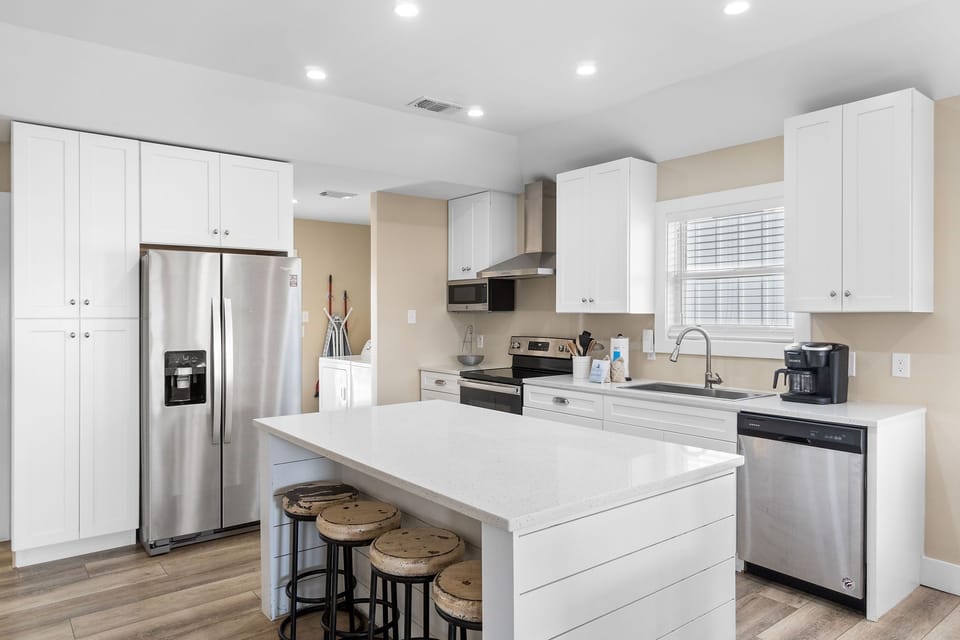 Upstairs kitchen island with seating for four