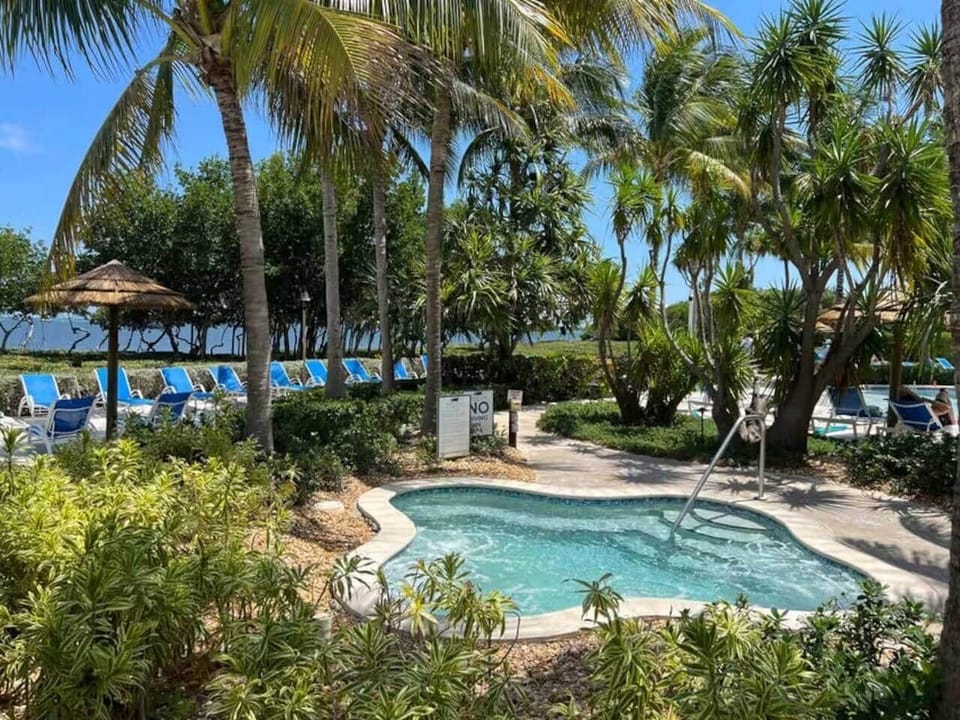 Expansive spa with jets and tropical ambiance.