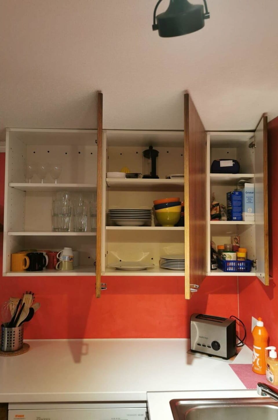 Shelving, Shelf, Interior Design, Orange, Room, Kitchen, Paint, Wood Stain, Ceiling, Cabinetry