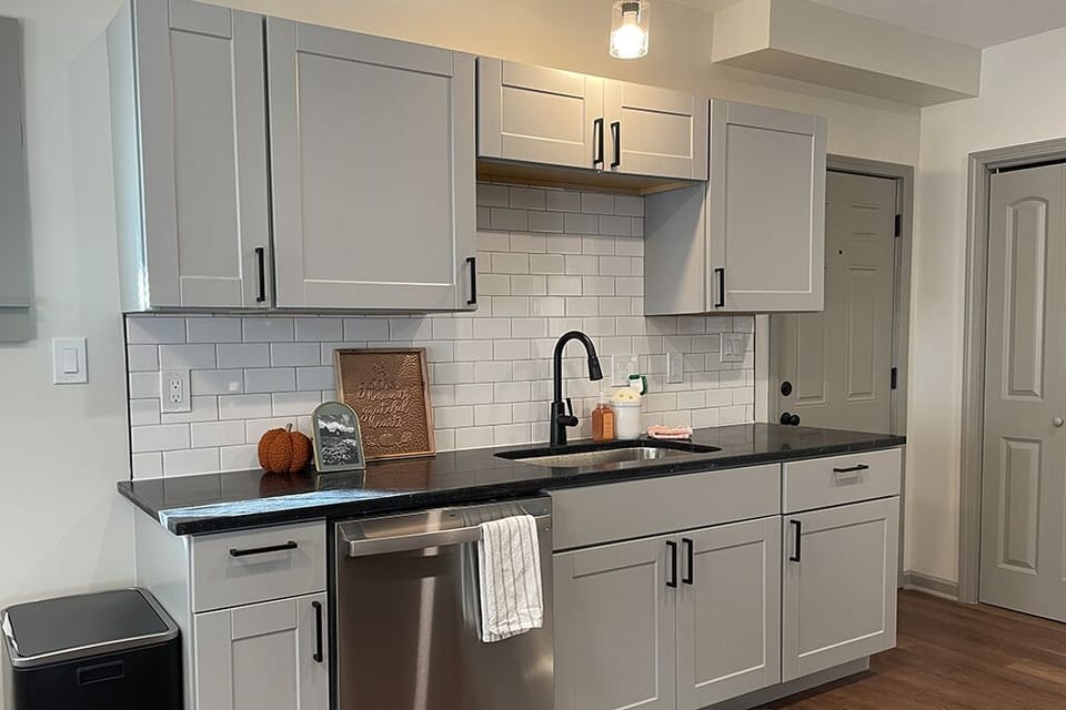 Modern kitchen with dishwasher, quartz counters, and ample storage.