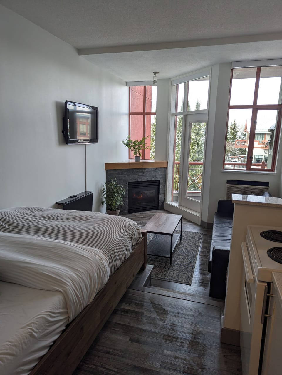 Large bright windows with black out blinds