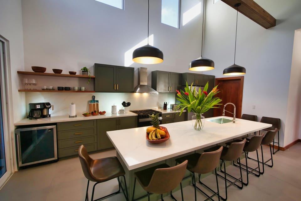 Spacious kitchen with sleek design and ample seating