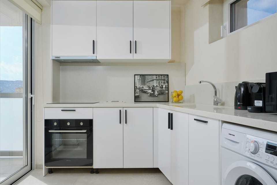 european-style kitchen with modern appliances & direct access to the front yard