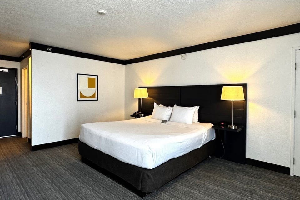 Recharge in a minimalist king room with soothing, warm lighting.