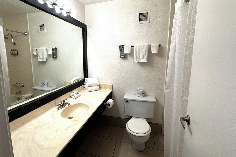 Refresh effortlessly in a clean bathroom with bright vanity mirror.