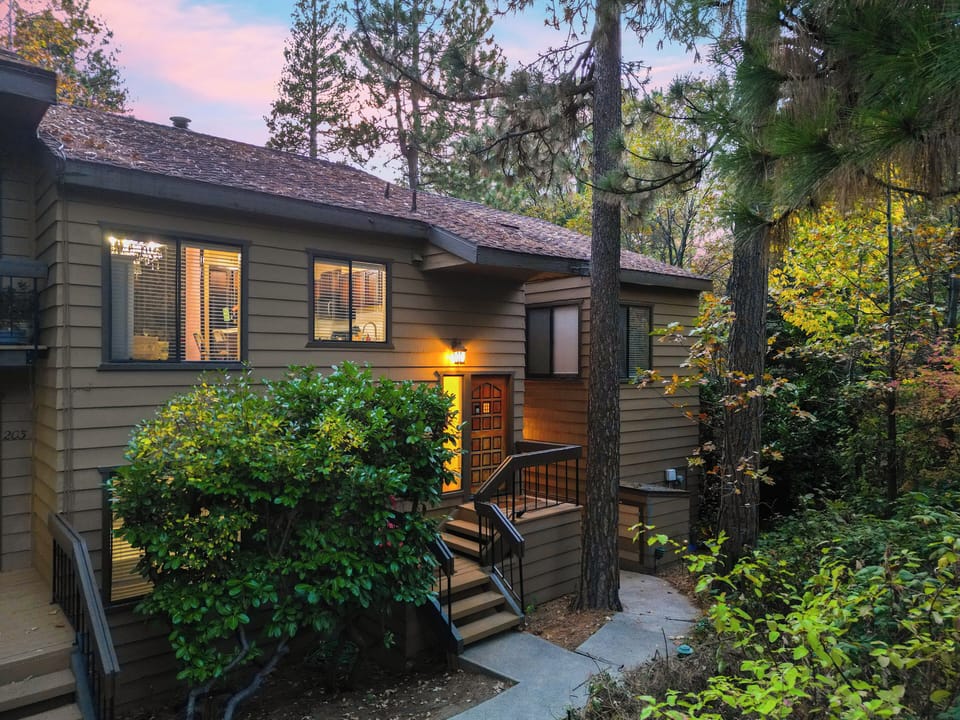 Welcoming exterior with lush greenery and warm cabin charm.