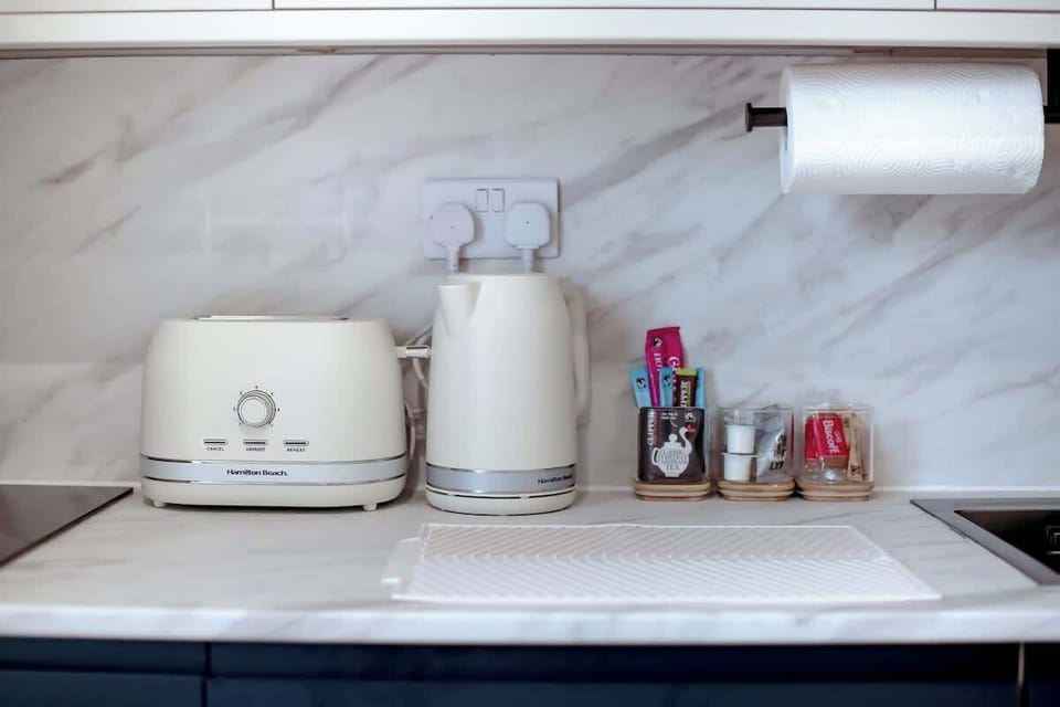 Toaster, heater, and complimentary beverages