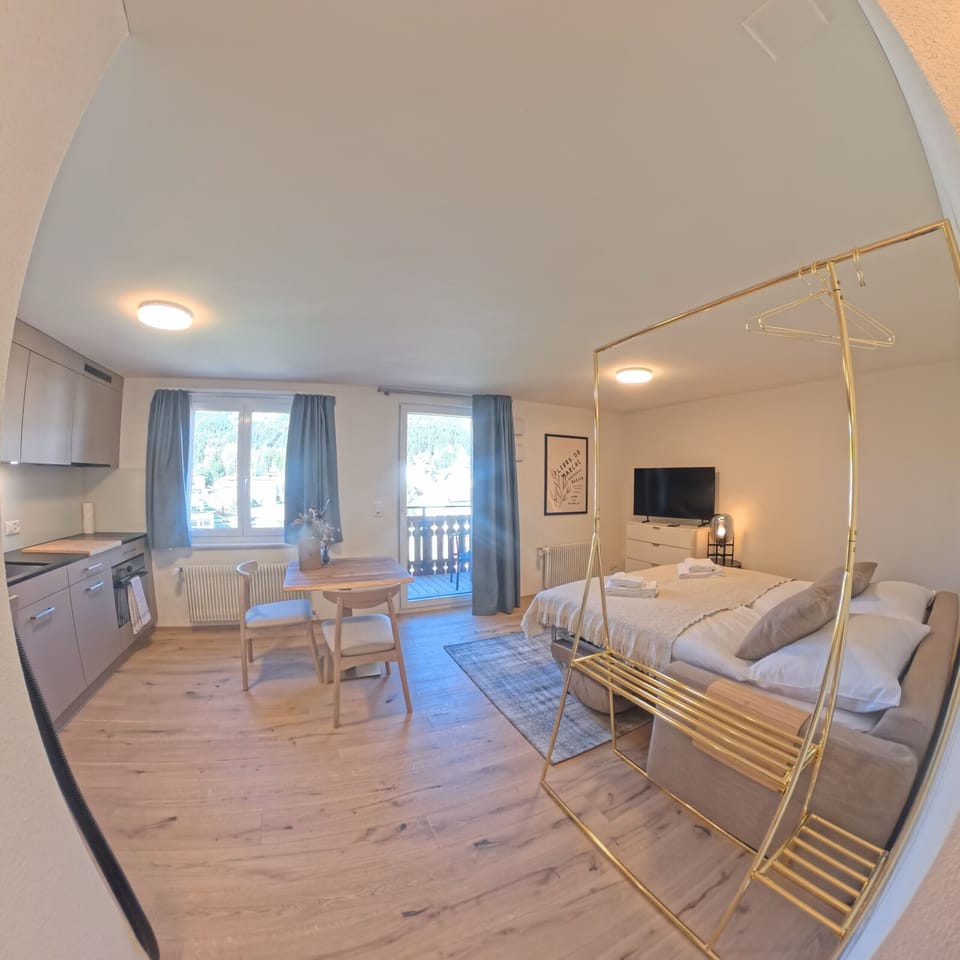 Living area with a sofa bed for two and a kitchen