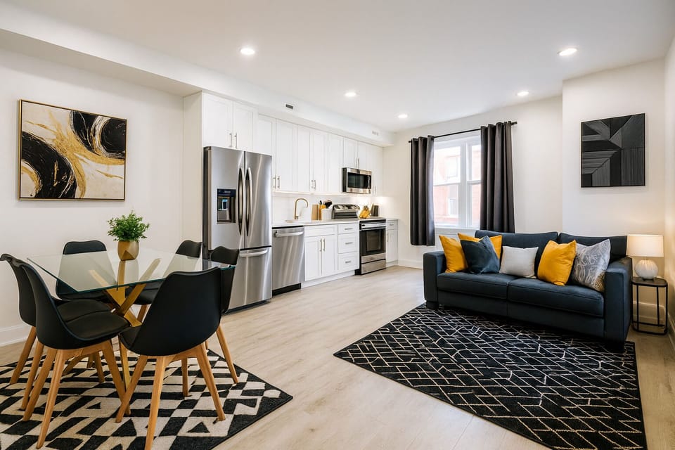Modern living room with a comfy sofa and smart TV for movie nights.