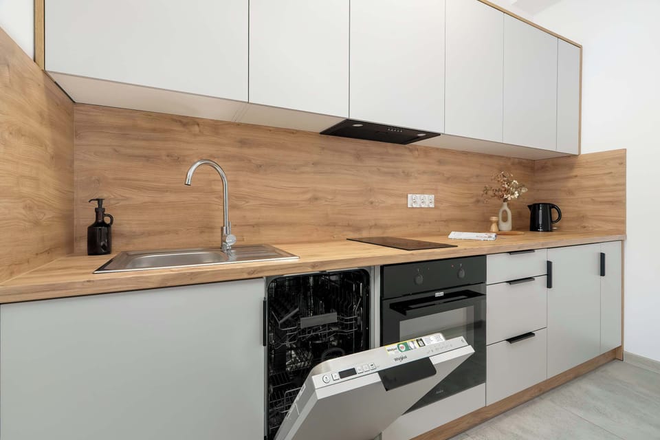 A modern kitchen with an open dishwasher and full equipment highlights everyday convenience.