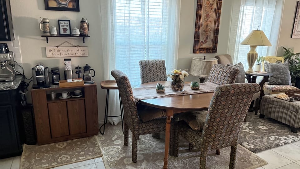 Dinning room is centered between the coffee bar and board game seating section 