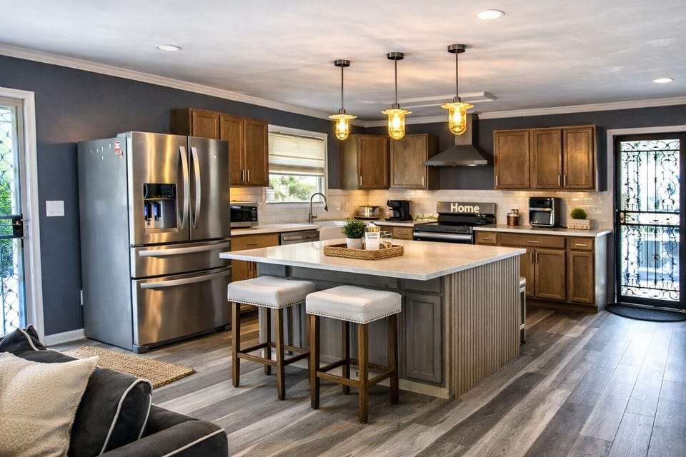 A colossal quartz island with plush upholstered stools creates the ultimate gathering spot. Warm woo