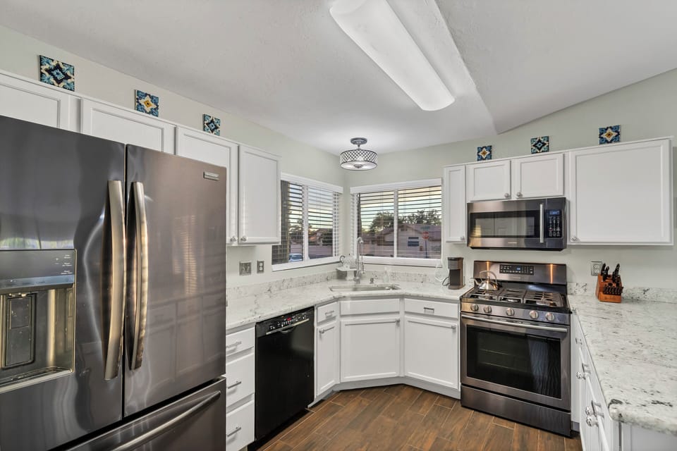 Stocked kitchen full of natural light
