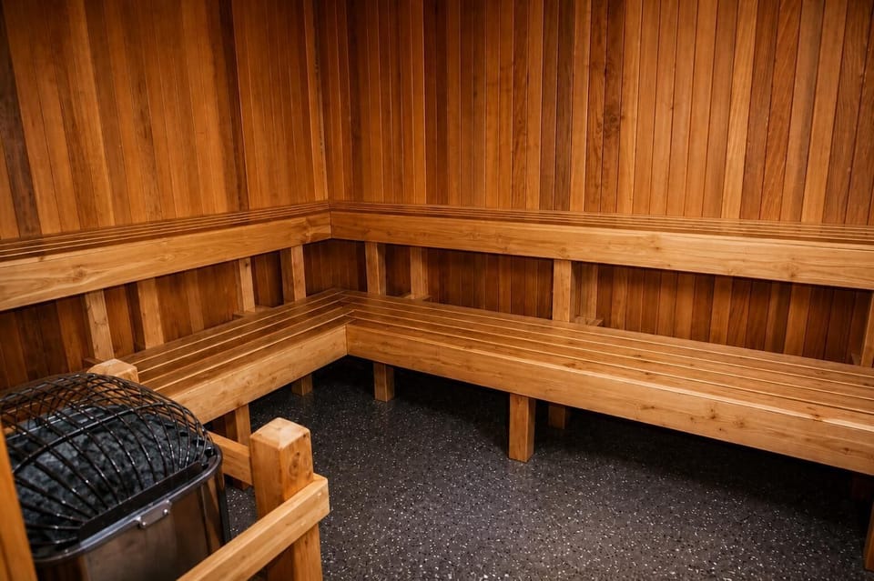 The sauna room in the gym.