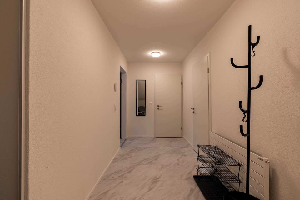 Clean entrance hallway with wardrobe and coat rack
